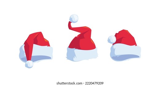 Santa Hats with Fluffy Bubo Isolated Icons On White Background. Santa Claus Caps Collection, Holiday Red Xmas Headwear with Fur, Festive Noel or New Year Party Costume. Cartoon Vector Illustration