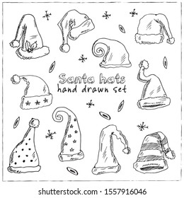 Santa hats  hand drawn doodle set. Vector illustration. Isolated elements on white background. Symbol collection.