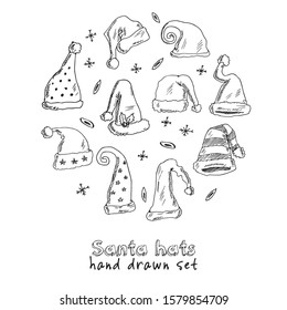 Santa hats hand drawn doodle seamless pattern Vector illustration. Isolated elements on white background. Symbol collection.