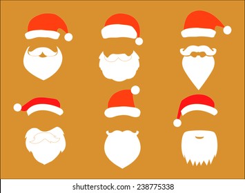 Santa hats, moustache and beards. Christmas elements for your festive design. Vector illustration