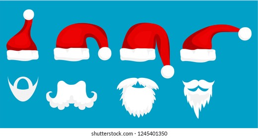 Santa hats with moustache and beards. Santa Claus Face vector. Vector.