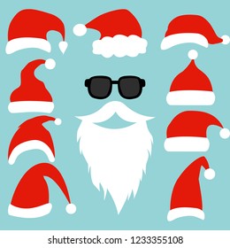 Santa hats, moustache, glasses and beards. Christmas elements for your festive design.Vector illustration 