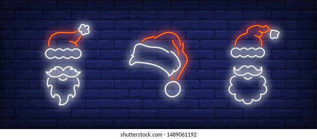 Santa hats, moustaches and beards neon signs set. Christmas, New Year Day, celebration design. Night bright neon sign, colorful billboard, light banner. Vector illustration in neon style.