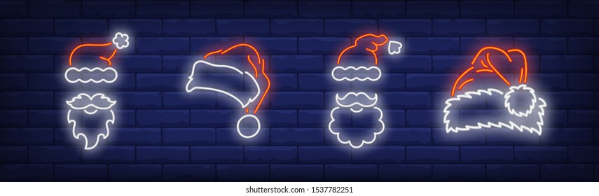 Santa hats, moustaches and beards neon signs set. Christmas, New Year Day, celebration design. Night bright neon sign, colorful billboard, light banner. Vector illustration in neon style.