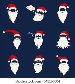 Santa hats, mustache and beards. Christmas elements for greeting design. New Year. Vector set in a flat style isolated on a blue background.