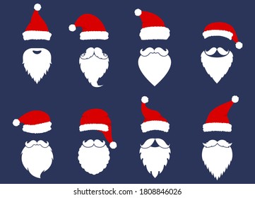 Santa hats, mustache and beards collection. Christmas elements for greeting design. New Year. 