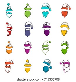 Santa hats, mustache and beards icons set. Doodle illustration of vector icons isolated on white background for any web design