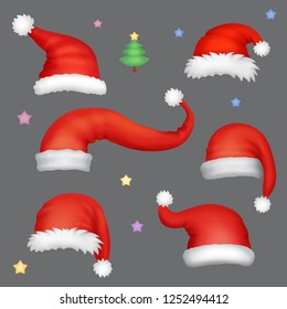 Santa hats realistic set. Santa claus xmas cap colllection