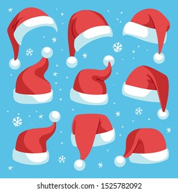 Santa hats. Red christmas santa hat design set, holiday masquerade costume decoration, funny party festive headwear, cartoon vector cute isolated xmas cap set