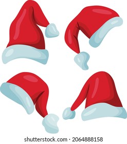 Santa hats red colored set. Winter cap. Vector.  Christmas Santa Claus hats