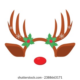 Santa hats, reindeer antlers. New Year cliparts. Props for Christmas photo booth. Vector illustration. Handmade illustration, not AI.