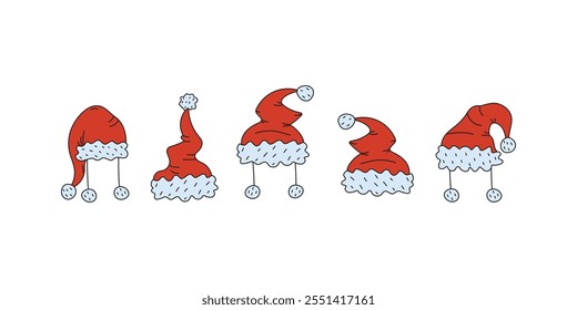 Santa hats set. Santa hats drawing collection. Christmas clothes, holiday party accessories. Funny red caps, drawings, doodles, graphics. Vector sketches of cartoon icons.