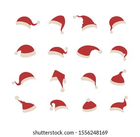 Santa hats set isolated on white background for photo booth, scrapbooking, video chat effect, festive, party, mask for social media. New year costume. Winter cap. Vector 10 eps