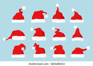 Santa hats set. Red Santa Claus cap collection for holiday xmas and new year. Vector illustration.