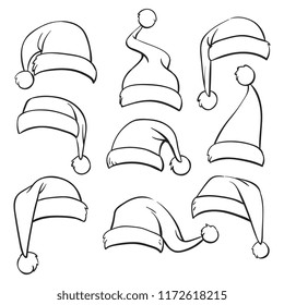 Santa hats sketch set isolated on white background. Vector illustration