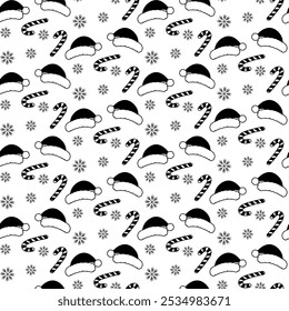 Chapéus de Papai Noel, flocos de neve e listras Cana de Doce Preto e branco Sem Costura Padrão no estilo moderno doodle