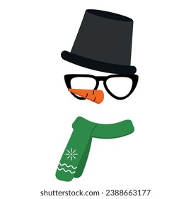 Santa hats, snowman, glasses. New Year cliparts. Props for Christmas photo booth. Vector illustration. Handmade illustration, not AI