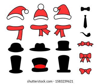 Santa hats, top hats, scarfs, pipe and bows - vector set. Snowman Christmas accessories collection isolated on white background