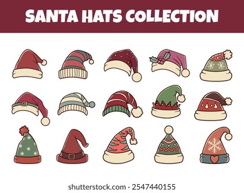 Santa hats vector illustration set