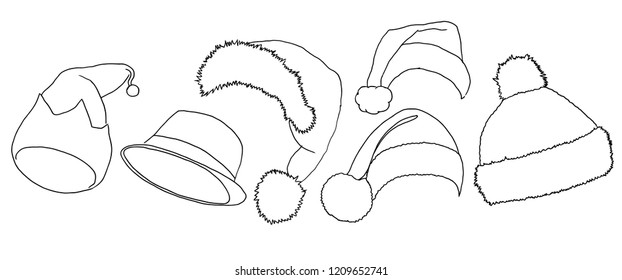 Santa hats vector pencil sketch icons. New Year and Christmas decoration elements
