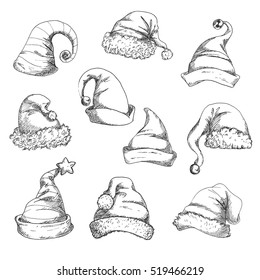 Santa hats vector pencil sketch icons. New Year and Christmas decoration elements