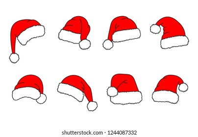 Santa hats - vector set. Christmas hats collection. Red cap. Vector illustration isolated on white background.