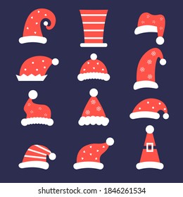 Santa Hats vector set. Claus caps collection. Christmas costume illustration. Isolated on dark background. New year party photo booth props