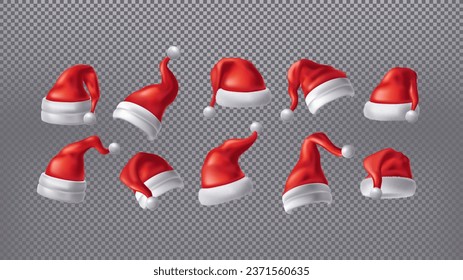 Santa Hats. Xmas claus cap, new year holiday red clothes with fur balls on transparent background. 3D cold winter accessory, christmas decor. Vector exact decoration realistic elements set