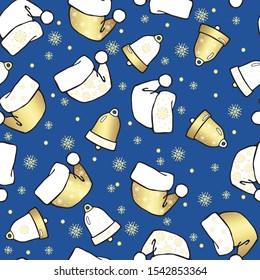 Santa hats,jingle bells, snowflakes. Festive cartoon Christmas seamless pattern. Color vector on a blue background.