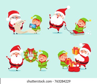 Santa having fun with elf icon isolated on light blue background. Vector illustration with Santa and his cheerful helper with presents with list of gifts