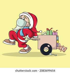 a santa is having a hard time carrying christmas gifts in his tattered cart