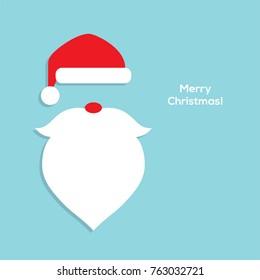 Santa head flat icon with red hat, nose, white beard and mustache. Christmas greeting card or banner design element.