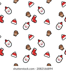 Santa Head with hat, glove, hat, socks, seamless pattern background. Perfect for winter holiday fabric, giftwrap, scrapbook, greeting cards design projects.