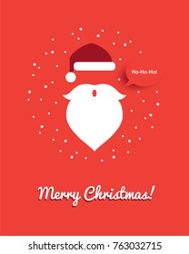 Santa head illustration with red hat and white beard saying Ho ho ho. Funny creative Christmas greeting card or banner design.