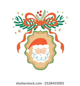 Santa head into cameo brooch decorated fir branch, bow, ribbon. Vector coquette Christmas isolated element, cute winter holiday symbol. Retro grandmillennial symbol, vintage illustration.