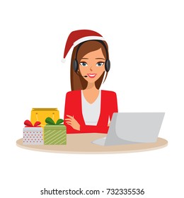 Santa with headset call center and gift box. beautiful santa claus in customer service.