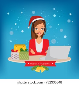 Santa with headset call center and gift box. beautiful santa claus in customer service.