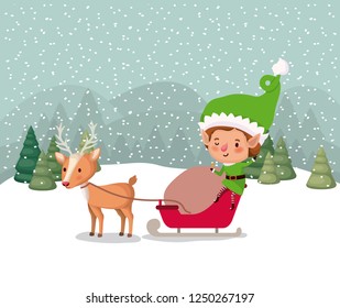 santa helper with carriage and reindeer snowscape