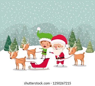 santa and helper with carriage snowscape