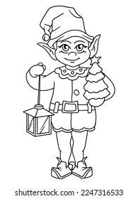 Santa helper, a gnome in a suit with a Christmas tree and a flashlight. Vector coloring