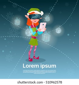 Santa Helper Green Elf Girl Wear Digital Glasses Use Smart Phone Merry Christmas Happy New Year Flat Vector Illustration