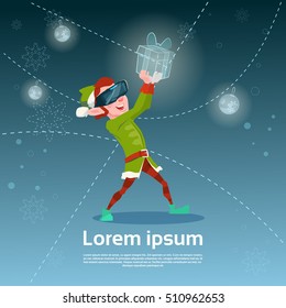 Santa Helper Green Elf Wear Digital Glasses Hold Virtual Present Merry Christmas Happy New Year Flat Vector Illustration