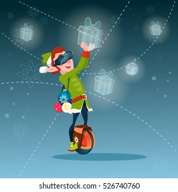 Santa Helper Green Elf Wear Digital Glasses Hold Virtual Present Merry Christmas Happy New Year Flat Vector Illustration
