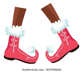 Santa helper legs. Cute red winter boots. Christmas symbol