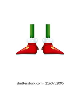 Santa helper legs in green stockings and red Santa Claus shoes isolated cartoon boots. Vector feet with white fur. Elf or dwarf, Christmas character leg elements. Winter carnival costume clothing