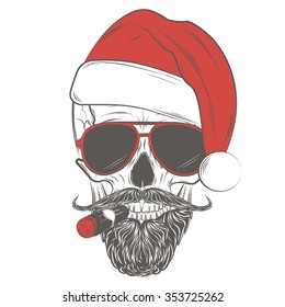 Santa Hipster skull in glasses with mustache, beard and cigar. Skull print, skull illustration  isolated on white background.