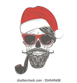 Santa Hipster skull in glasses with mustache, beard and tobacco pipe. Skull print, skull illustration  isolated on white background.