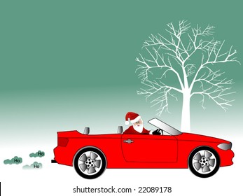 santa in his car with tree behind