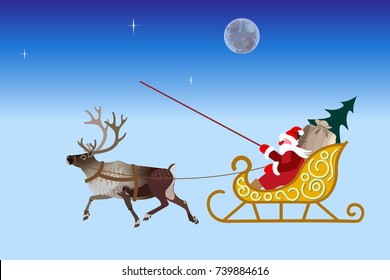 Santa in his christmas sled being pulled by reindeer. Vector illustration
