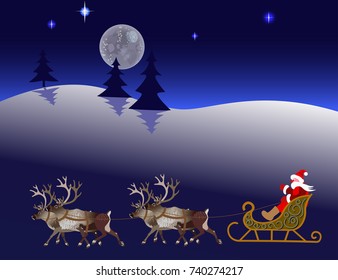 Santa in his christmas sled being pulled by reindeer. Vector illustration